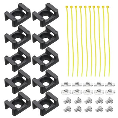 MECCANIXITY 10Pcs Cable Zip Tie Base 6.5mm Hole Dia Saddle Type Wire Holder for 40 Series European Standard Aluminum Extrusion with M5 Screws, Nuts, Ties Black