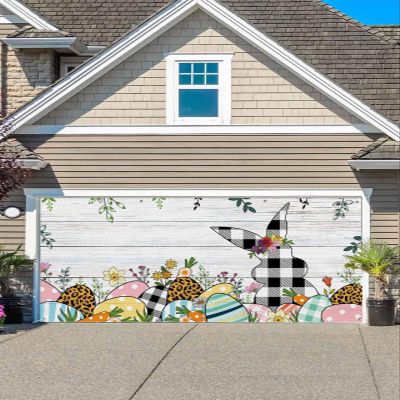 Easter Garage Door Banner Decoration 7x16 Ft, Spring Plants Easter Eggs Buffalo Plaid Rabbit Wood Grain Garage Door Cover Hanging Cloth Holiday Backdrop for Indoor Outdoor Wall Door House Decor