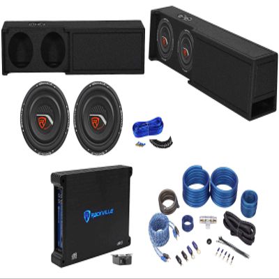 Rockville W10T4-S4 Bundle: (2) 10-in 1200W Peak/300W RMS Shallow Mount 4-Ohm Car Subwoofers, dB13 3000W Peak/750W RMS Mono Amp, RWK41 Amp Wiring Kit, for 2019 Dodge Ram Crew Cab Ported Box, 6-Items