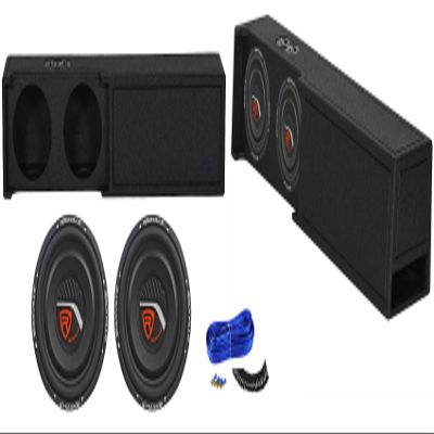 Rockville W10T4-S2 Bundle: (2) 10-in 2-Ohm Shallow Mount Subwoofers 1200W Peak/300W RMS, REC109 Dual 10-in Ported Upfire Sub Box, Sub Box Install Accessories for 2019 Ram Crew Cab, 4-Items