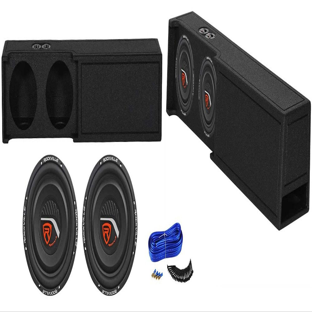 Rockville W10T4-S2 Bundle: (2) 10-in 2-Ohm Shallow Mount Subwoofers 1200W Peak/300W RMS, REC109 Dual 10-in Ported Upfire Sub Box, Sub Box Install Accessories for 2019 Ram Crew Cab, 4-Items