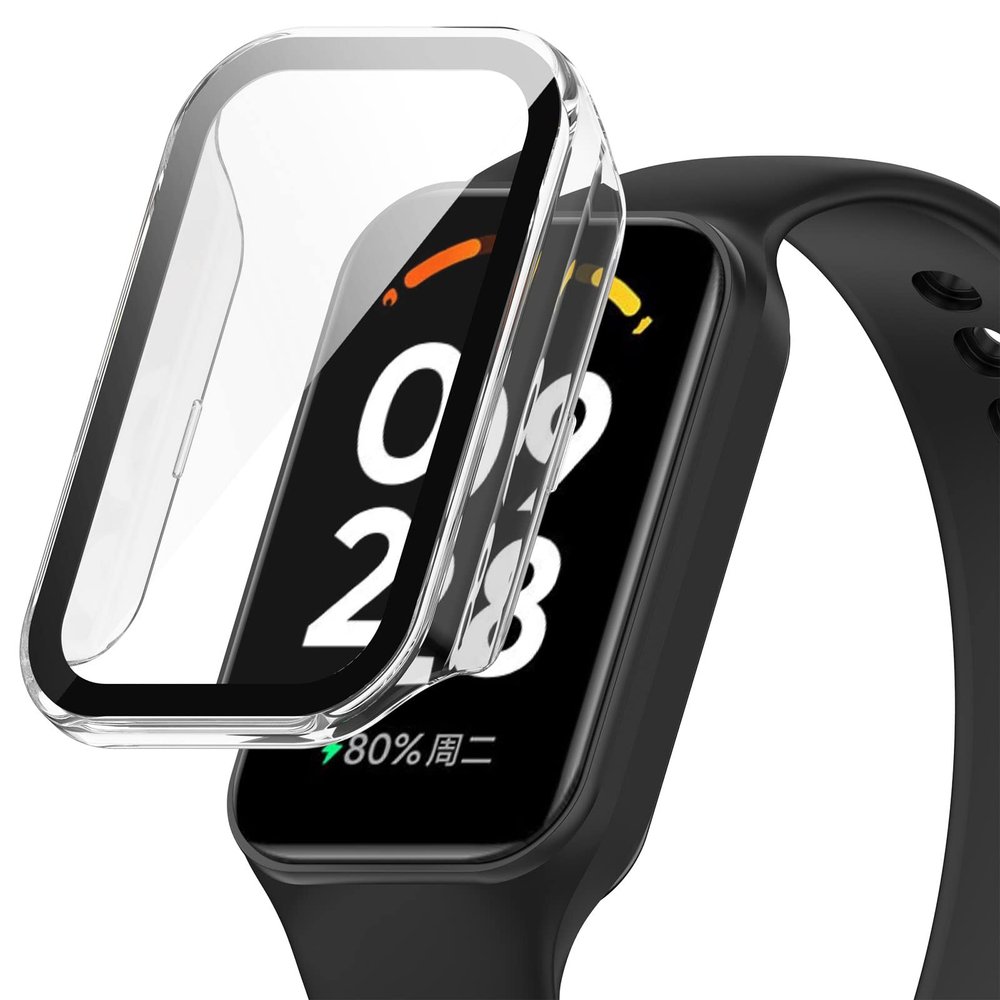 [2-Pack] Waterproof Case for Xiaomi Smart Band 8 Active, Straight Edge PC Front & Back Bumper with Tempered Glass Screen Protector 360 Protective Cover for Redmi Band 2