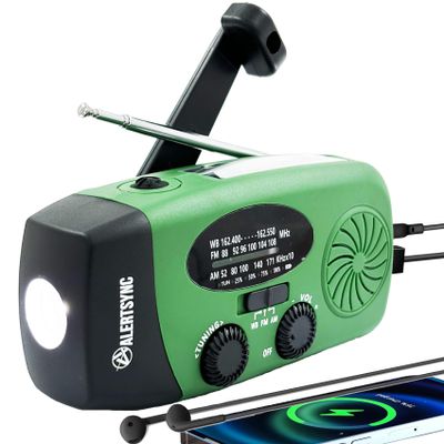 5000mah Alertsync NOAA Weather Emergency Radio with Solar Charging, AM FM Hand Crank Windup Radio SOS Alarm LED Flashlight with Earphone Jack for Home, Camping, Survival Hurricane (Green)