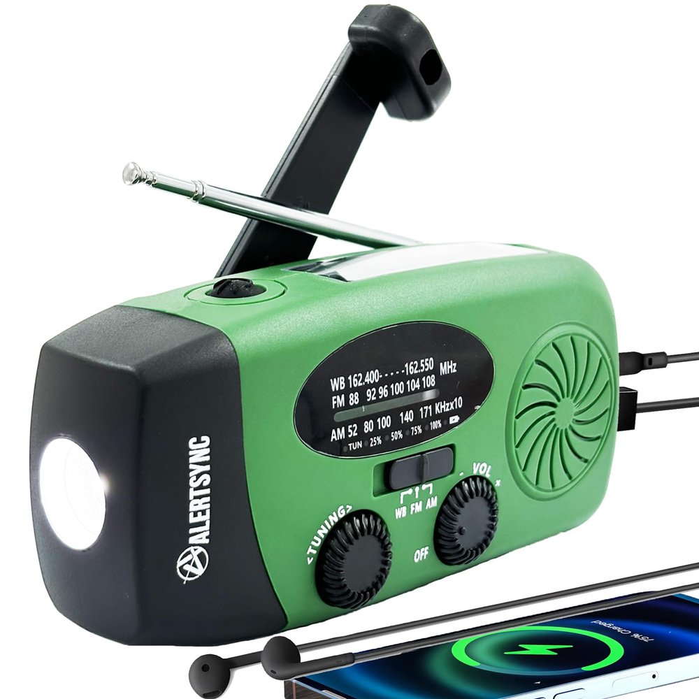 5000mah Alertsync NOAA Weather Emergency Radio with Solar Charging, AM FM Hand Crank Windup Radio SOS Alarm LED Flashlight with Earphone Jack for Home, Camping, Survival Hurricane (Green)