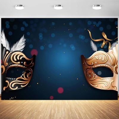 12x8ft Masquerade Backdrop Gold Black Masks Mardi Gras Carnival Photography Background Masquerade Theme Birthday Party Banner Decoration Supplies Photo Booth Props