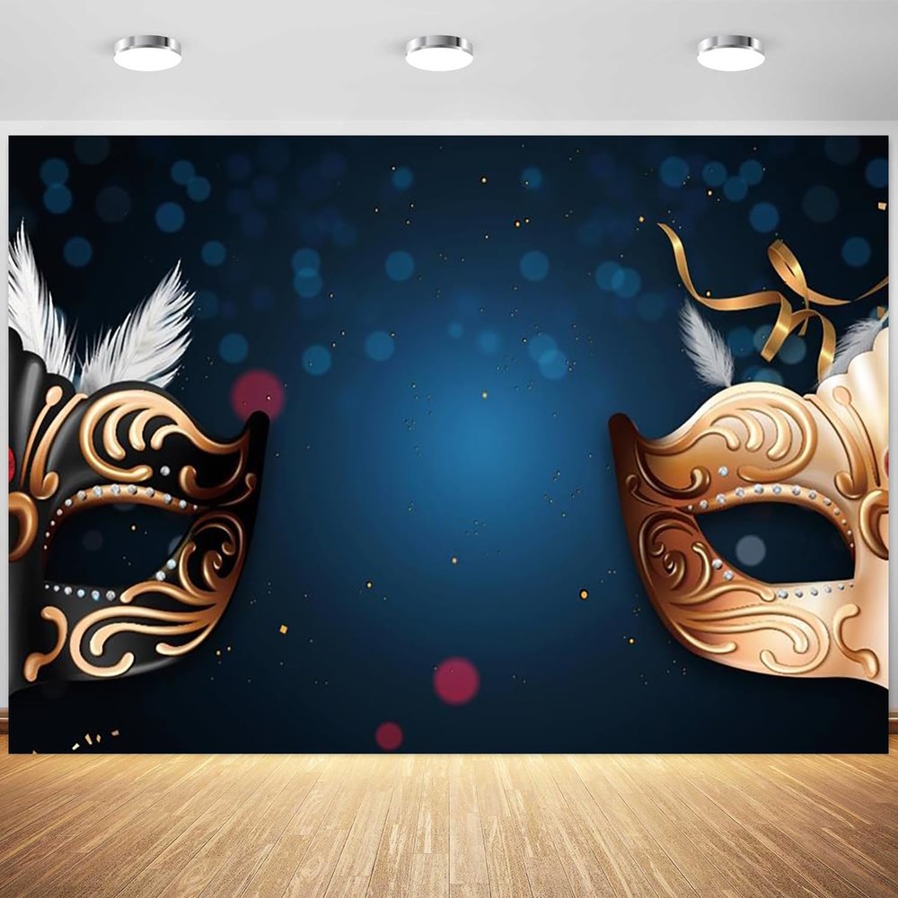 12x8ft Masquerade Backdrop Gold Black Masks Mardi Gras Carnival Photography Background Masquerade Theme Birthday Party Banner Decoration Supplies Photo Booth Props