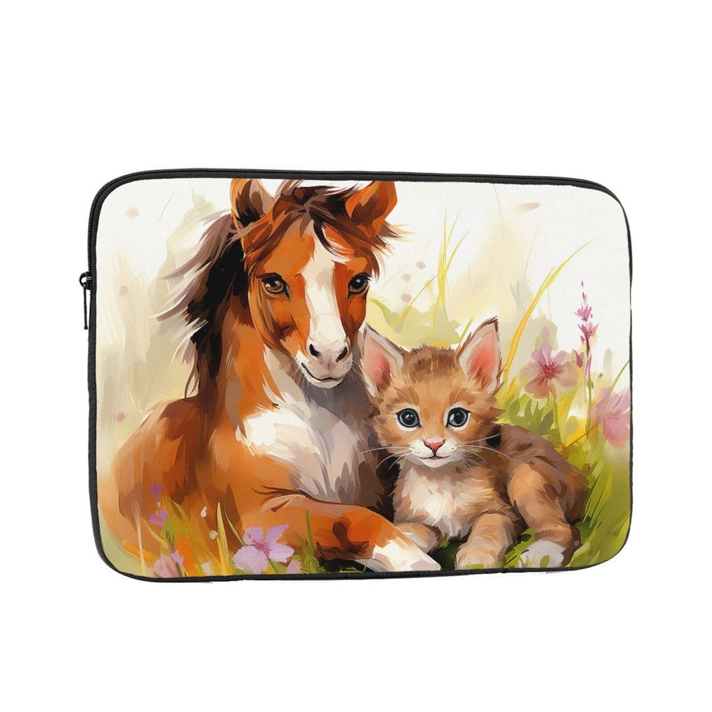 Cute Horse and Cat Print Laptop Case 10 inch Shockproof Protective Notebook Bag Water Resistant Laptop Sleeve
