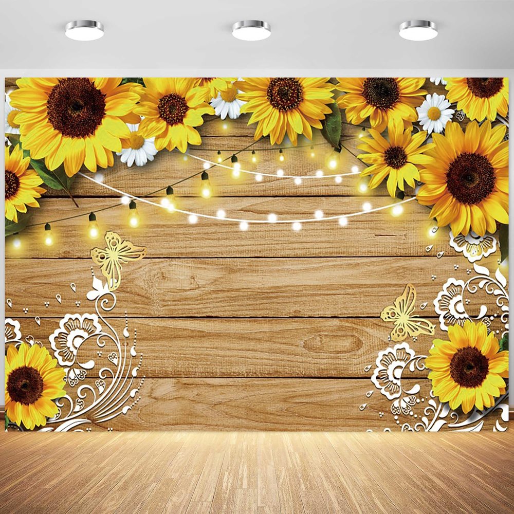 10x6.5ft Sunflower Backdrop Rustic Wood Gold Butterfly Sunflowers Photography Background Sunflower Theme Birthday Baby Shower Party Decoration Supplies Photo Booth Props