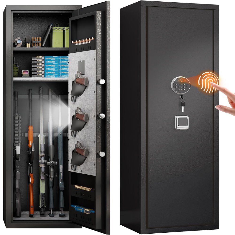 ErgoNova 57" Large Gun Safe,Biometric 5-Gun Safe Cabinet,Quick Access Long Gun Pistols,Rifles and Shotguns Gun Cabinet,with 3 Pistol Bags and LED Light Adjustable Gun Rack,Assembled(Black)