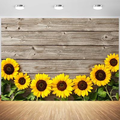 12x8ft Sunflower Backdrop Rustic Wood Floor Sunflowers Photography Background Birthday Child Baby Shower Party Cake Table Banner Decoration Supplies Photo Booth Props