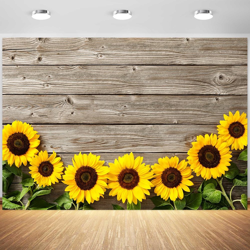 12x8ft Sunflower Backdrop Rustic Wood Floor Sunflowers Photography Background Birthday Child Baby Shower Party Cake Table Banner Decoration Supplies Photo Booth Props
