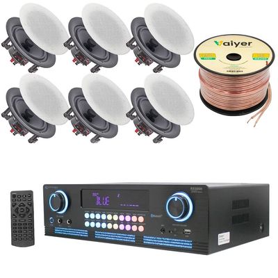 Home Theater System Kit 2000 Watts Bluetooth Amplifier with 6 Qty 5.25" 175 Watts in-Wall in-Ceiling Frameless Speakers & 16 Gauge 250 ft. Speaker Wire by Technical Pro