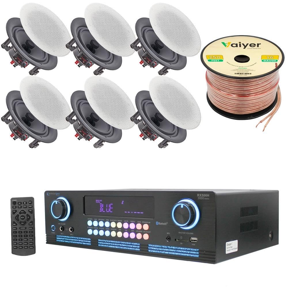 Home Theater System Kit 2000 Watts Bluetooth Amplifier with 6 Qty 5.25" 175 Watts in-Wall in-Ceiling Frameless Speakers & 16 Gauge 250 ft. Speaker Wire by Technical Pro