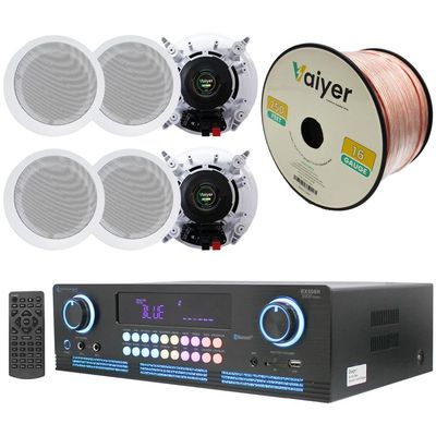 Home Theater System Kit 2000 Watts Bluetooth Amplifier with 6 Qty 6.5" 200 Watts in-Wall in-Ceiling Speakers & 16 Gauge 250 ft. Speaker Wire by Technical Pro