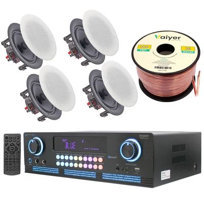 Technical Pro Home Theater System Kit 2000 Watts Bluetooth Amplifier with 4 Qty 5.25" 175 Watts in-Wall in-Ceiling Frameless Speakers & 16 Gauge 100 ft. Speaker Wire