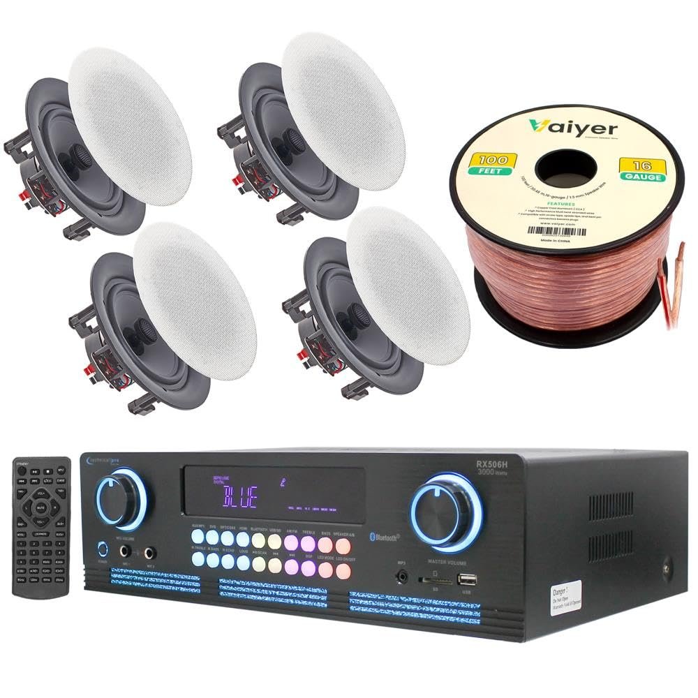 Technical Pro Home Theater System Kit 2000 Watts Bluetooth Amplifier with 4 Qty 5.25" 175 Watts in-Wall in-Ceiling Frameless Speakers & 16 Gauge 100 ft. Speaker Wire