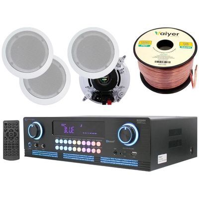 Technical Pro Home Theater System Kit 2000 Watts Bluetooth Amplifier Receiver with 4 Qty 6.5" 200 Watts in-Wall in-Ceiling Speaker and 16 Gauge 100 ft Speaker Wire