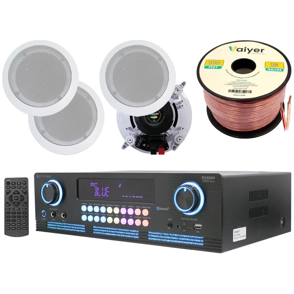 Technical Pro Home Theater System Kit 2000 Watts Bluetooth Amplifier Receiver with 4 Qty 6.5" 200 Watts in-Wall in-Ceiling Speaker and 16 Gauge 100 ft Speaker Wire