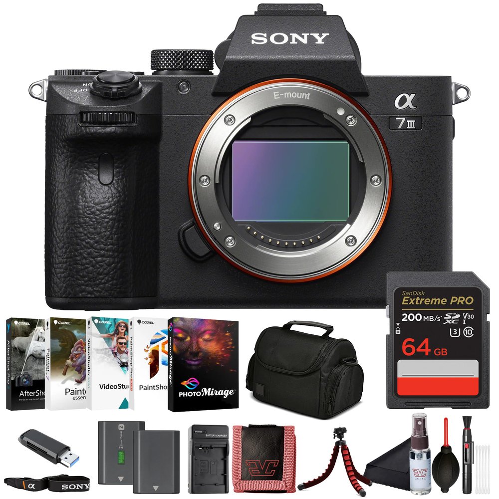 Sony 7 III Full-Frame Mirrorless Camera Body (ILCE-7M3/B) 24.2 MP BSI Sensor, 4K HDR Video | 64GB Memory Card, NP-FZ-100 Battery, Photo Software, External Charger and More