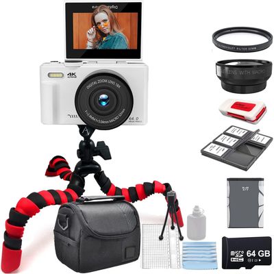 eDealz 4K 64MP Digital Camera Kit for Photography, Vlogging Camera for YouTube with Flip Up Screen, 18X Zoom, Wide Angle & Macro Lens, 64GB Micro SD Card, 12" Flexible Tripod, Carrying Case, Card Read