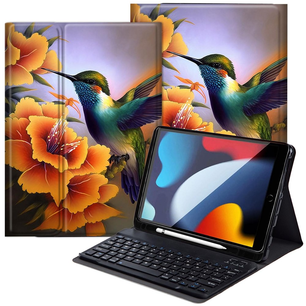 DEGDFSGR for Apple iPad 10th Generation Case with Keyboard and Pencil Holder (10.9", 2022), iPad Keyboard Case Detachable Bluetooth Keyboard for iPad Case 10th Generation, Yellow Flower Hummingbird