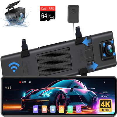 2025 Upgraded 12" 4K Rear View Mirror Camera with WiFi,2160P Mirror Dash Cam Front and Rear Backup Camera for Cars & Trucks,WDR & HDR, Loop Recording, G-Sensor, Parking Monitor, 64GB Card & GPS