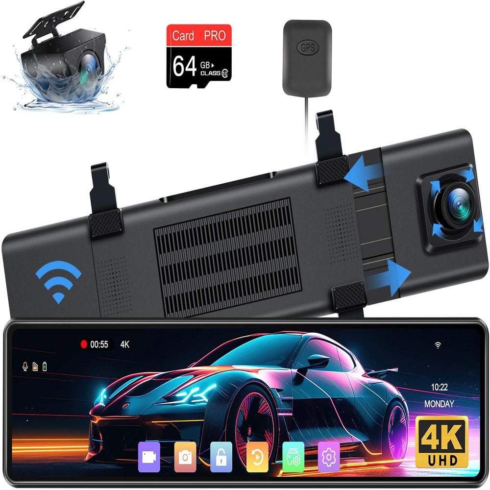 2025 Upgraded 12" 4K Rear View Mirror Camera with WiFi,2160P Mirror Dash Cam Front and Rear Backup Camera for Cars & Trucks,WDR & HDR, Loop Recording, G-Sensor, Parking Monitor, 64GB Card & GPS