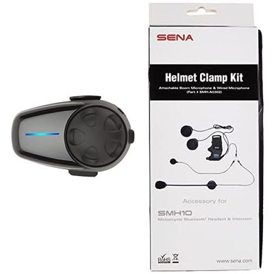 Sena SMH10-11 Motorcycle Bluetooth Headset/Intercom with Universal Microphone Kit (Single) and SMH-A0302 Helmet Clamp Kit with Boom and Wired Microphones for SMH10 Bluetooth Headset