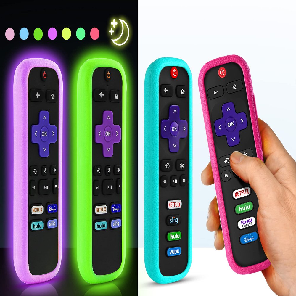 (4 Pack) ONEBOM Cover for Roku Remote, Cover for Hisense/TCL Roku TV Steaming Stick/Express Universal Replacement Controller Silicone Sleeve Skin Glow in The Dark