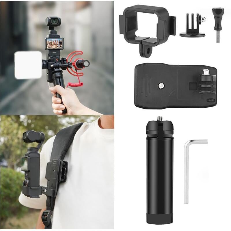 Coyktonty Swivel Backpack Clip Mount+Aluminum Alloy Tripod for DJI OSMO Pocket 3,360 Rotation Backpack Strap Mount Quick Clip Mount with Expand Frame,with Cold Shoe Groove Fill Light can be Attached