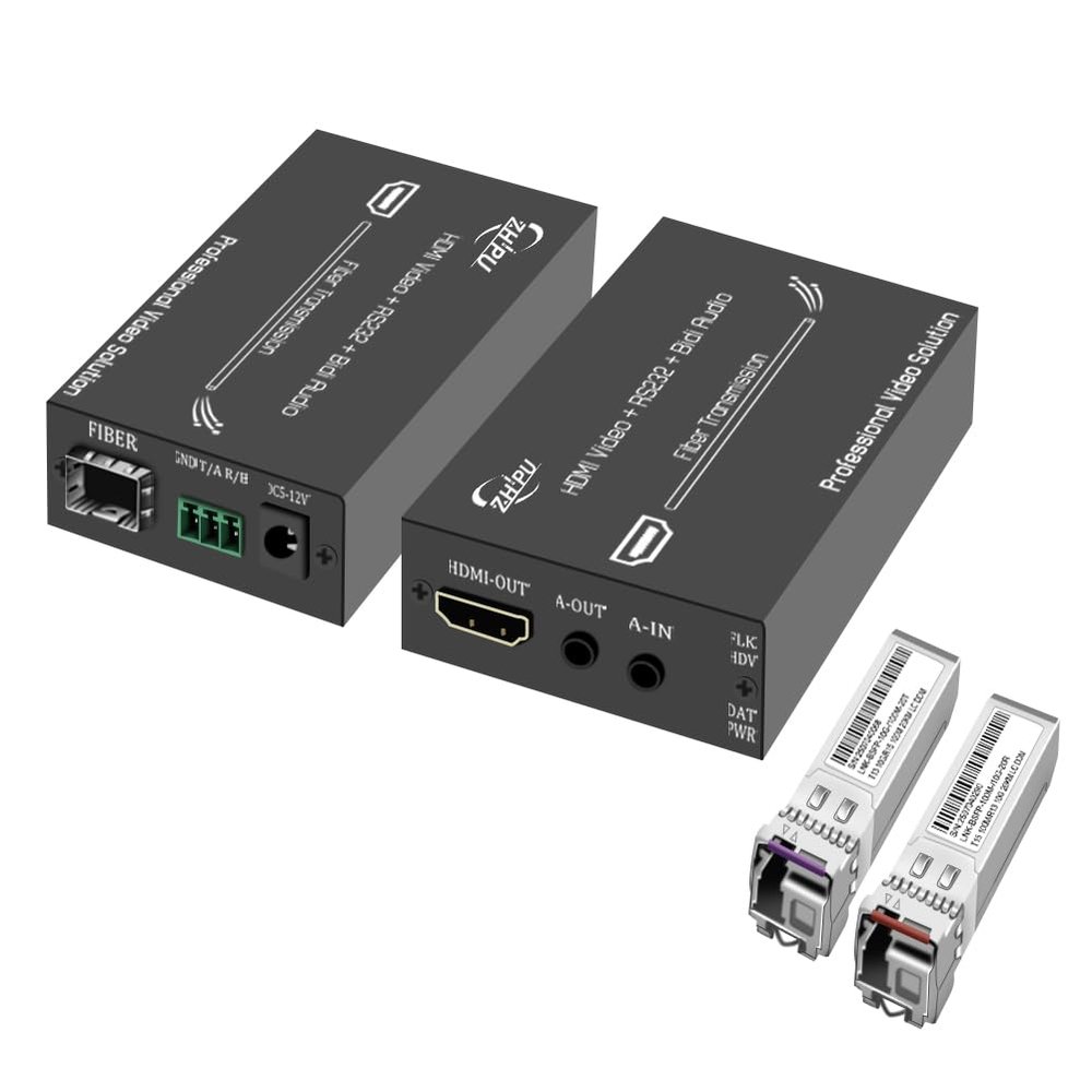 Zhpuostd HDMI Over Fiber Extender Kit with SFP Modules, 1080P@60Hz & Bi-Dir Audio Over Single Fiber, Up to 20km, EDID/RS232/HDCP, Plug & Play for ProAV, a Pair