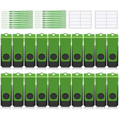 1GB USB Flash Drive 20 Pack AGECASH USB 2.0 Thumb Flash Drives Bulk Green Swivel 1GB USB Memory Stick Zip Jump Drive Multipack Pendrive with Labels & Lanyards