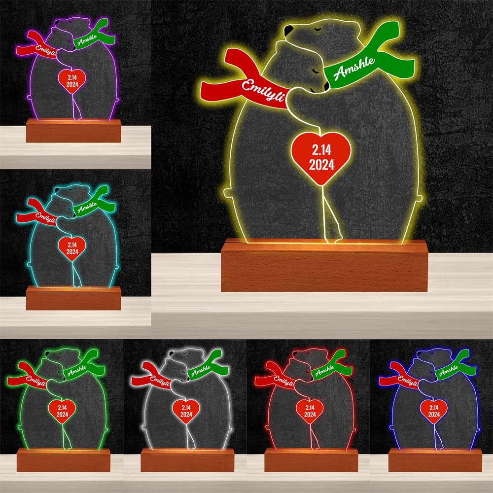 Dertacoa Personalized Couple Bear Acrylic Light Custom Name Night Light 2024 Valentine's Day Anniversary Wedding Table Lamp Acrylic Plaque for Dad Mom Girlfriend Wife Borfriend Husband