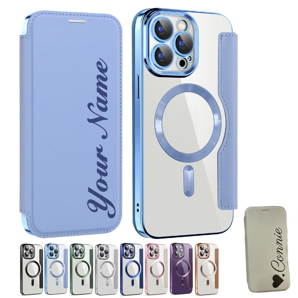Personalized Leather Textured Flip Phone Case, Luxury Leather Flip Magnetic with Card Holder, Personalized Custom Name Phone Case, for iPhone 15/14/13/12 Pro Max (Light Blue,for iPhone 12Promax)