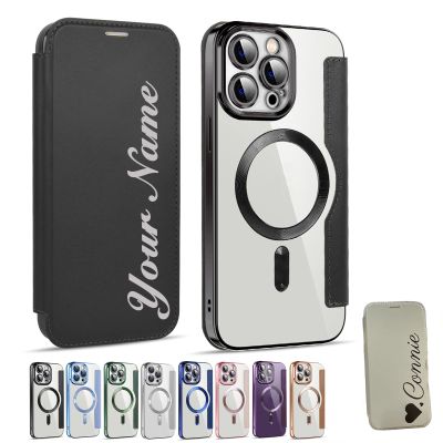 Zlimpty Personalized Leather Textured Flip Phone Case, Luxury Leather Flip Magnetic with Card Holder, Personalized Custom Name Phone Case, for iPhone 15/14/13/12 Pro Max (Black,for iPhone 13)