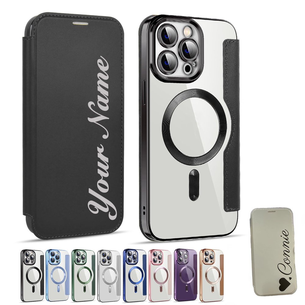 Zlimpty Personalized Leather Textured Flip Phone Case, Luxury Leather Flip Magnetic with Card Holder, Personalized Custom Name Phone Case, for iPhone 15/14/13/12 Pro Max (Black,for iPhone 13)