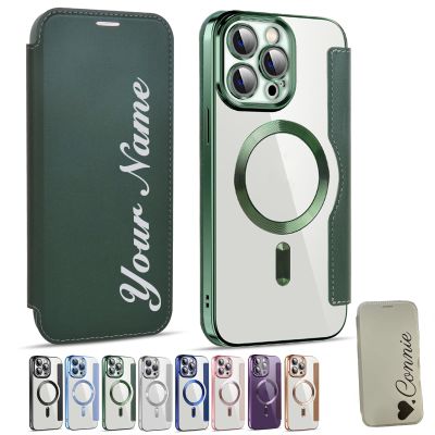 Zlimpty Personalized Leather Textured Flip Phone Case, Luxury Leather Flip Magnetic with Card Holder, Personalized Custom Name Phone Case, for iPhone 15/14/13/12 Pro Max (Green,for iPhone 14)