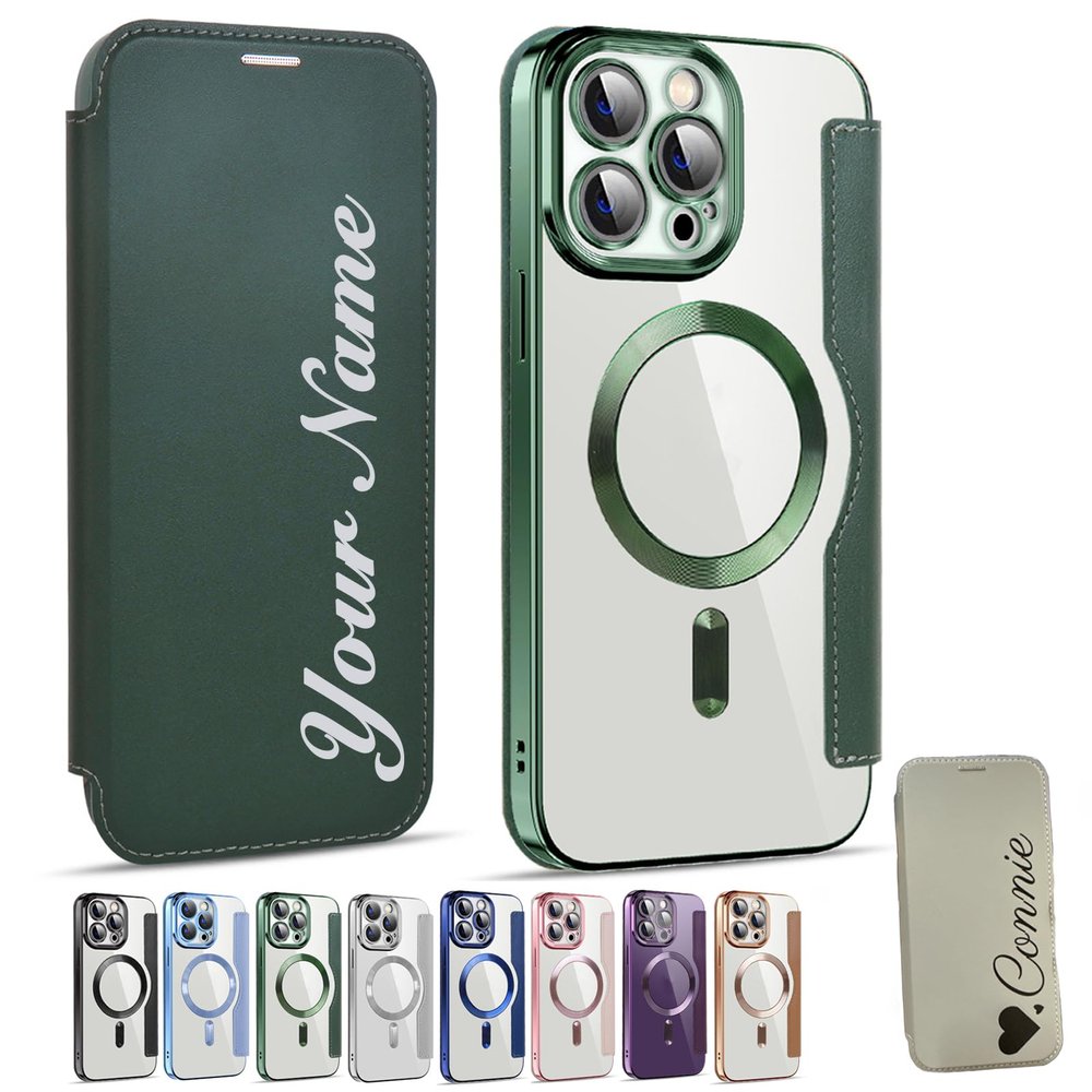 Zlimpty Personalized Leather Textured Flip Phone Case, Luxury Leather Flip Magnetic with Card Holder, Personalized Custom Name Phone Case, for iPhone 15/14/13/12 Pro Max (Green,for iPhone 14)