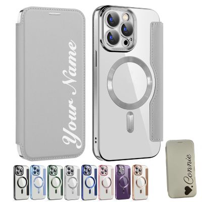 Zlimpty Personalized Leather Textured Flip Phone Case, Luxury Leather Flip Magnetic with Card Holder, Personalized Custom Name Phone Case, for iPhone 15/14/13/12 Pro Max (Grey,for iPhone 12Pro)