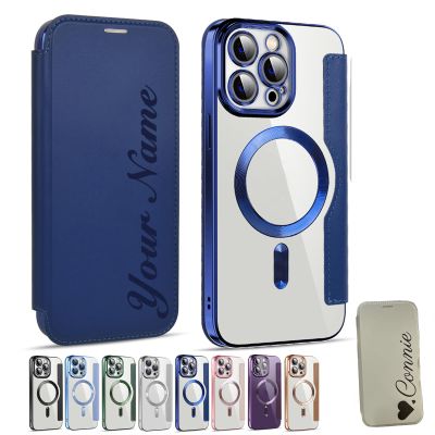 Zlimpty Personalized Leather Textured Flip Phone Case, Luxury Leather Flip Magnetic with Card Holder, Personalized Custom Name Phone Case, for iPhone 15/14/13/12 Pro Max (Dark Blue,for iPhone 12)
