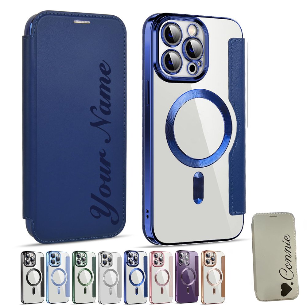 Zlimpty Personalized Leather Textured Flip Phone Case, Luxury Leather Flip Magnetic with Card Holder, Personalized Custom Name Phone Case, for iPhone 15/14/13/12 Pro Max (Dark Blue,for iPhone 12)