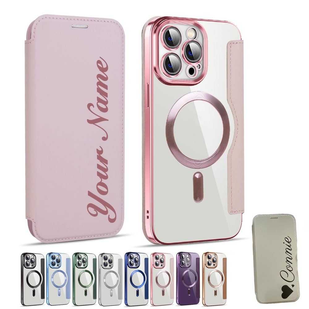 Zlimpty Personalized Leather Textured Flip Phone Case, Luxury Leather Flip Magnetic with Card Holder, Personalized Custom Name Phone Case, for iPhone 15/14/13/12 Pro Max (Pink,for iPhone 13)