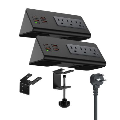 Power charge station edge clamp mount with USB-C portsTabletop Surge Protector Desk Clamp Power Sockets with 3 AC Outlets and 4 Fast Charging USB Ports for Home Office Hotel and Dormitory (Black-2pcs)
