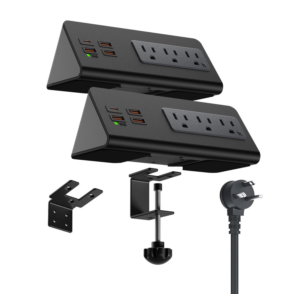 Power charge station edge clamp mount with USB-C portsTabletop Surge Protector Desk Clamp Power Sockets with 3 AC Outlets and 4 Fast Charging USB Ports for Home Office Hotel and Dormitory (Black-2pcs)