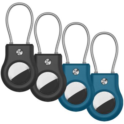 AirTag Keychain Holder - Air tag Lock Case with Wire Cable Compatible with Apple AirTag, Ultra Durable Anti-Lost Protective Case with Keyring for Luggage, Key, Backpack, Pet (Black/Dark Blue (4 Pack))