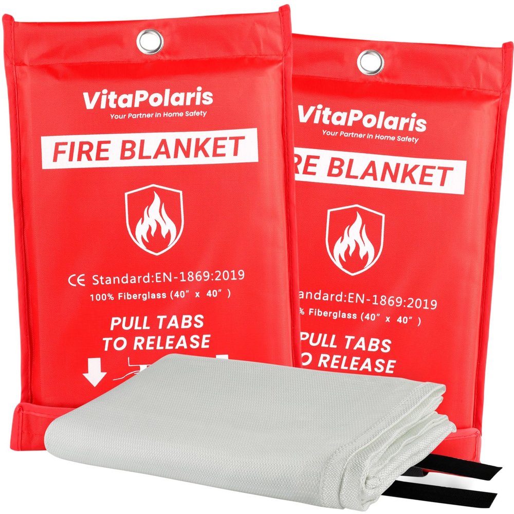 VitaPolaris Heavy-Duty Emergency Fire Blanket, 2 Pack Fireproof Fiberglass Blanket for Kitchen, Home, Car, Grill, Fireplace, Camping, Heat Shield, Grease Fires, Emergency Fire Suppression