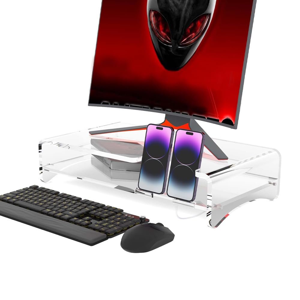 Acrylic Monitor Stand, Combination 2-layer computer monitor bracket(22x12x5 Inch), Desk Organizer Desktop Printer Laptop Storage Shelf Screen Holder Phone Holderfor Keyboard Storage& Multi-Media