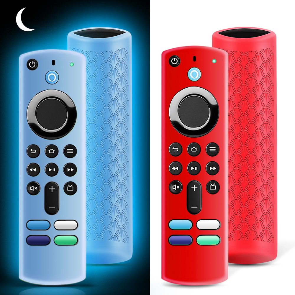 (2 Pack) Silicone Protective Remote Cover Compatible with TV Stick, HD, 3rd Gen, 4K Remote Controls, Anti-Slip Remote Control Case with Lanyard(Glow Blue&Red)