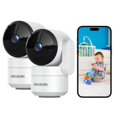 AMOROM Indoor Camera for Home Security 360, 1080p Pet Cameras with Pan&Tilt, Night Vision, Motion Detection, 2-Way Audio, Compatible with Alexa/Google Assistant, 2.4GHz WiFi, 2 Pack