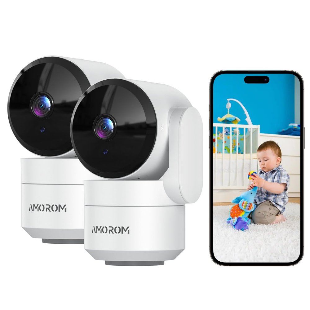 AMOROM Indoor Camera for Home Security 360, 1080p Pet Cameras with Pan&Tilt, Night Vision, Motion Detection, 2-Way Audio, Compatible with Alexa/Google Assistant, 2.4GHz WiFi, 2 Pack